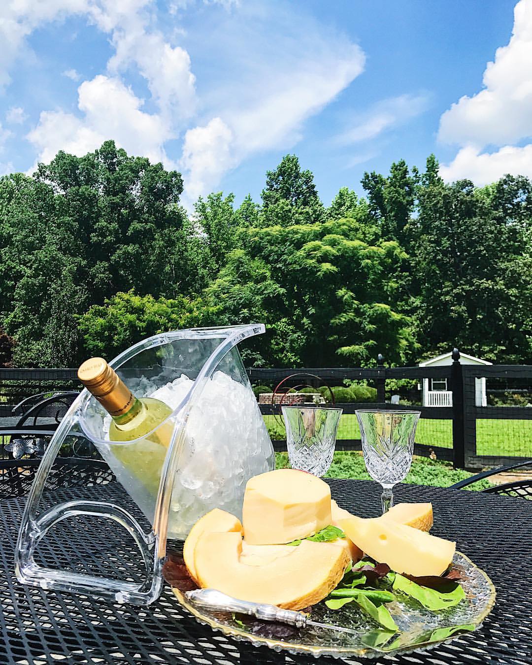Coolin Curve with wine, glasses and a cheese board in the garden