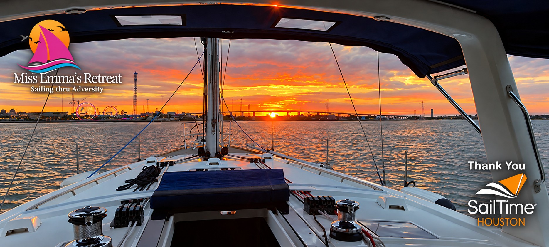 Sunset viewed from a sailboat, with Miss Emma’s Retreat and SailTime Houston branding